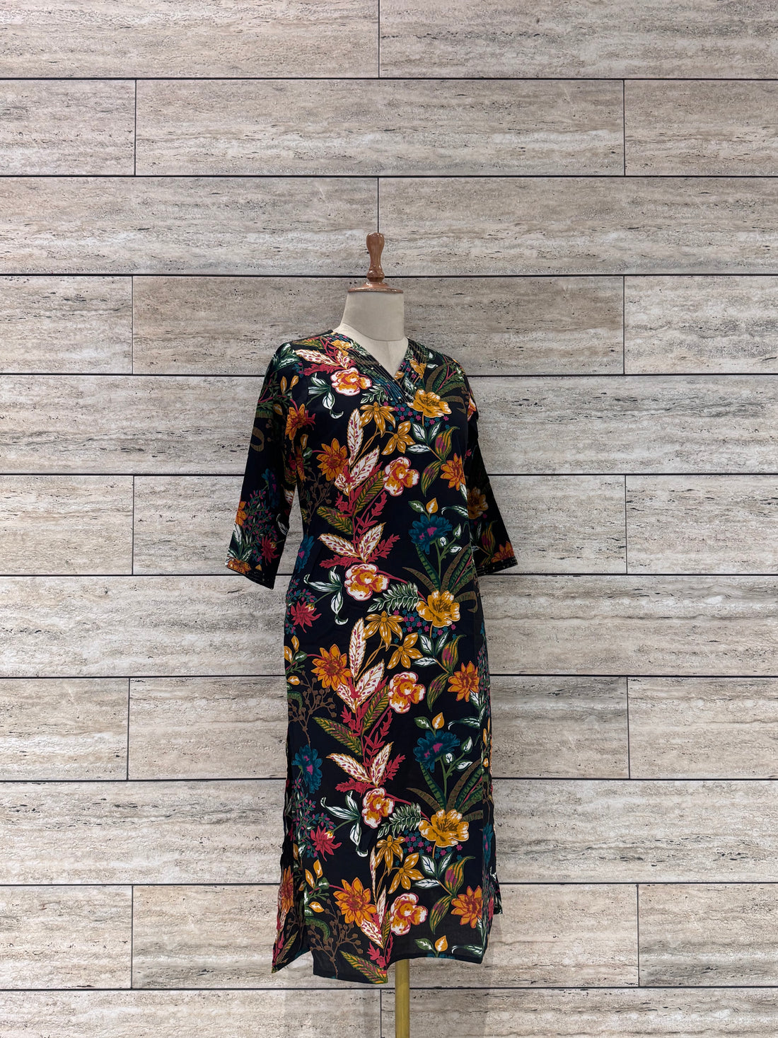 Jaal Floral Print Only Straight Kurta ( Black )  FL0151