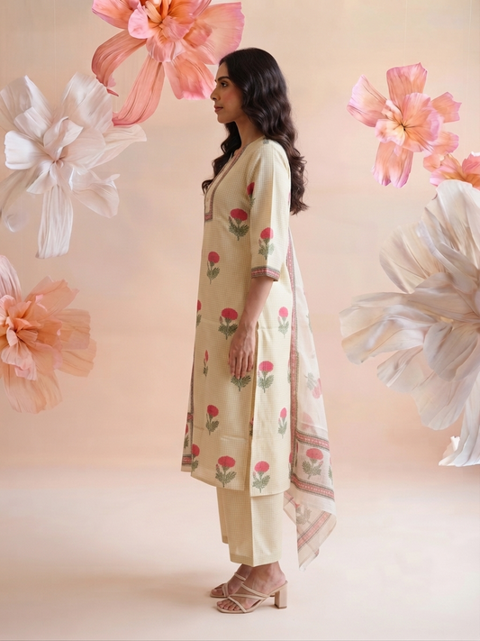 Printed Dupatta Set In Kota Doriya Fabric KD051