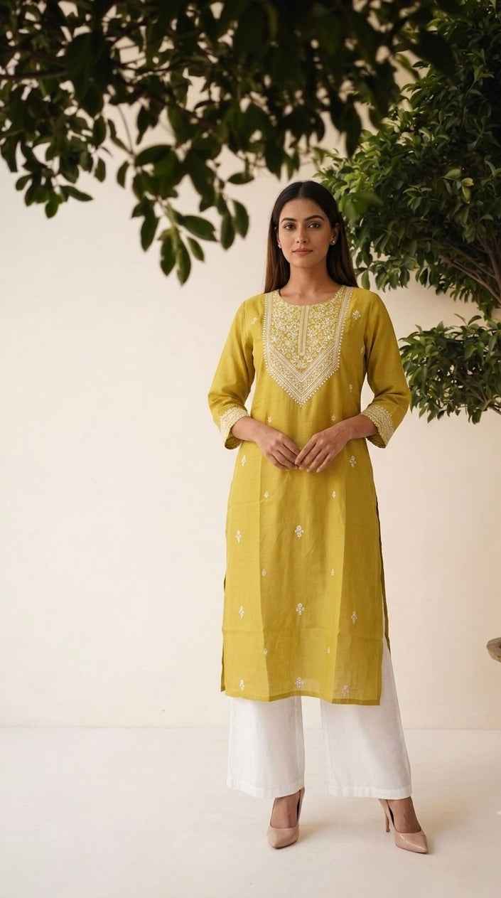 Pure Muslin Single Kurta With Embroidery