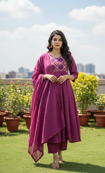 Premium Mul Cotton A Line Dupatta Set With Embroidery MC016
