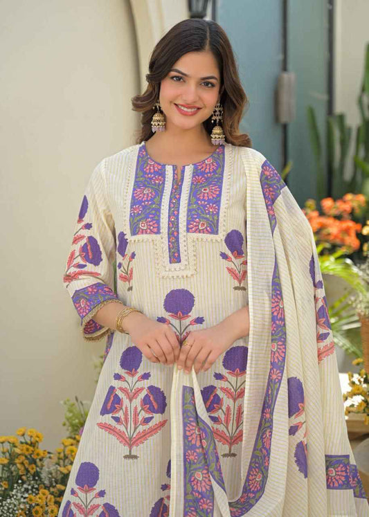 Premium Cotton Floral Print Dupatta Set With Lace Work CS0207