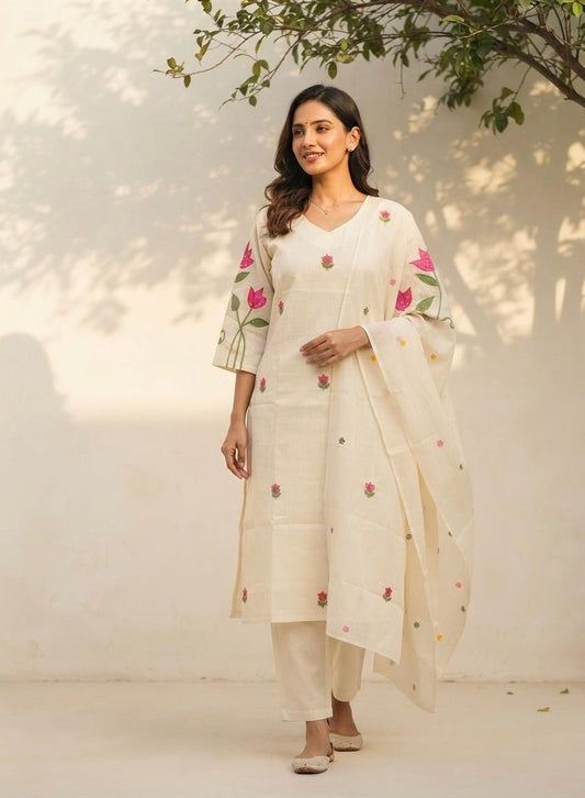 Pure Chanderi Silk Three Piece Embroidered Dupatta Set CHS030