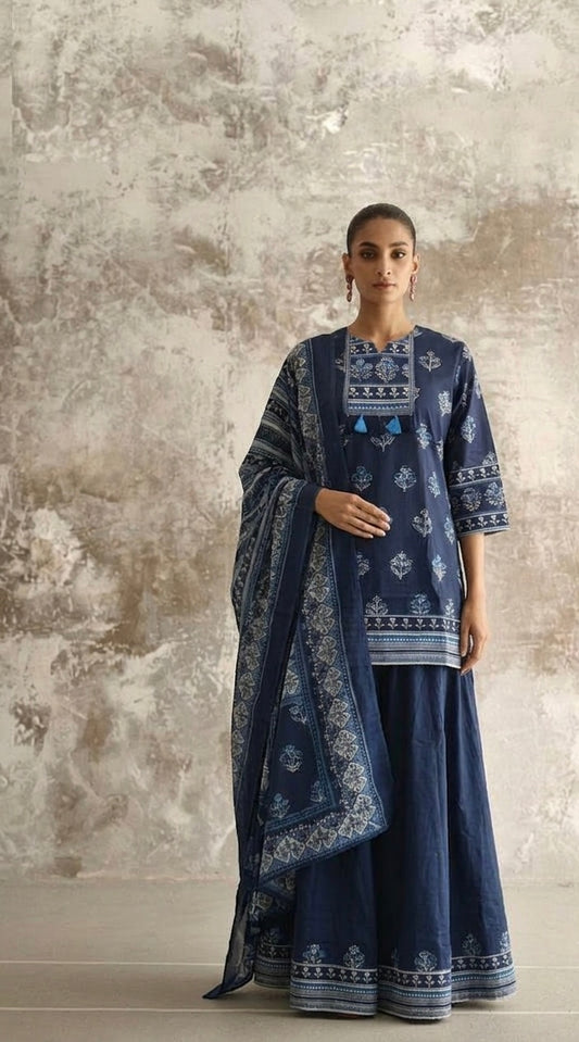 Short length cotton Dupatta set with skirt