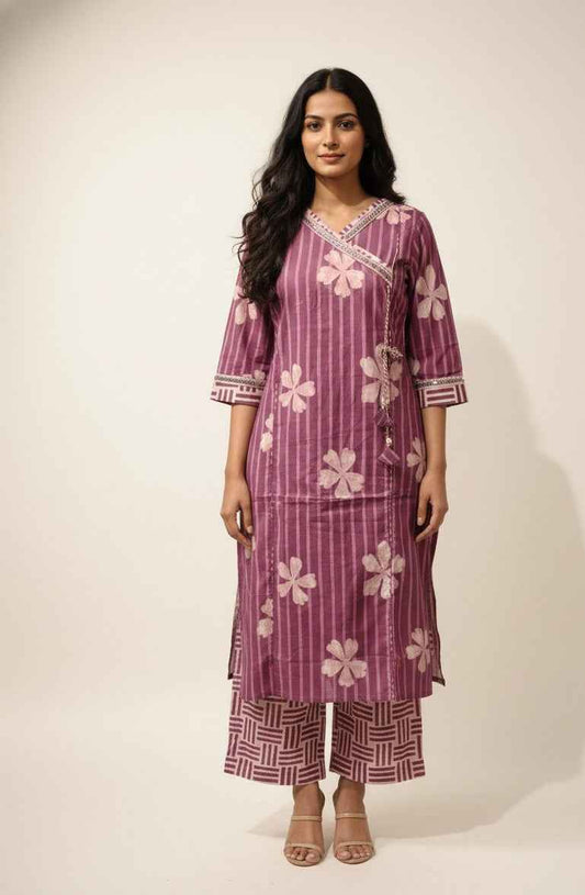 Pure Cotton floral print Three Piece Dupatta Set With Angrakha Style CS0202