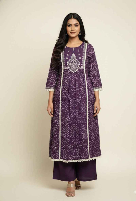 Pure Cotton A Line Bandhej Print Three Piece Dupatta Set CS0205