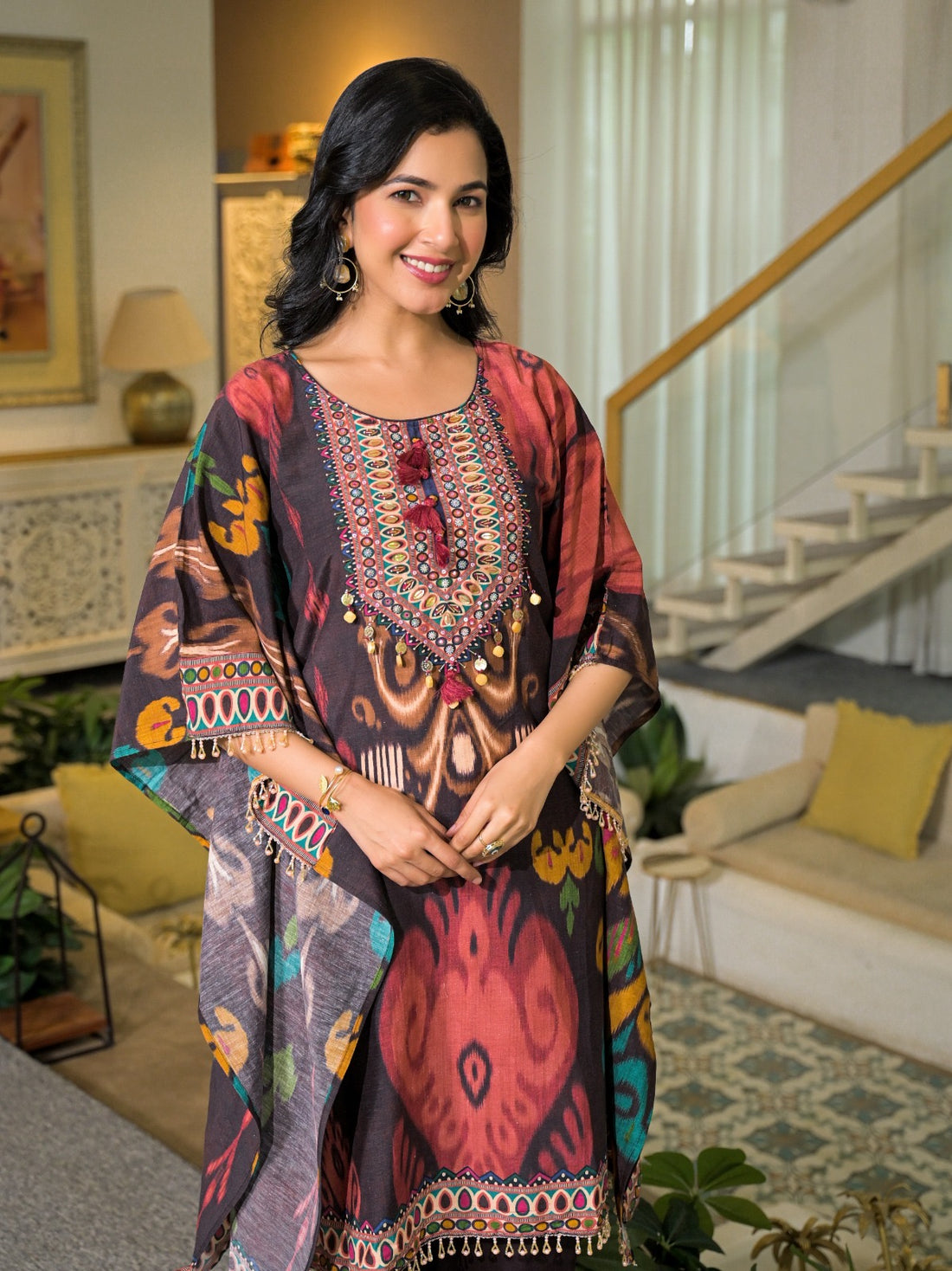 Cotton Two Piece Ikkat Print Kaftan Set In Ikkat Print MK012