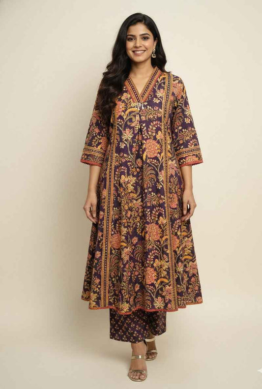 Pure Cotton A Line Anarkali Dupatta Set With Palazzo CS0204
