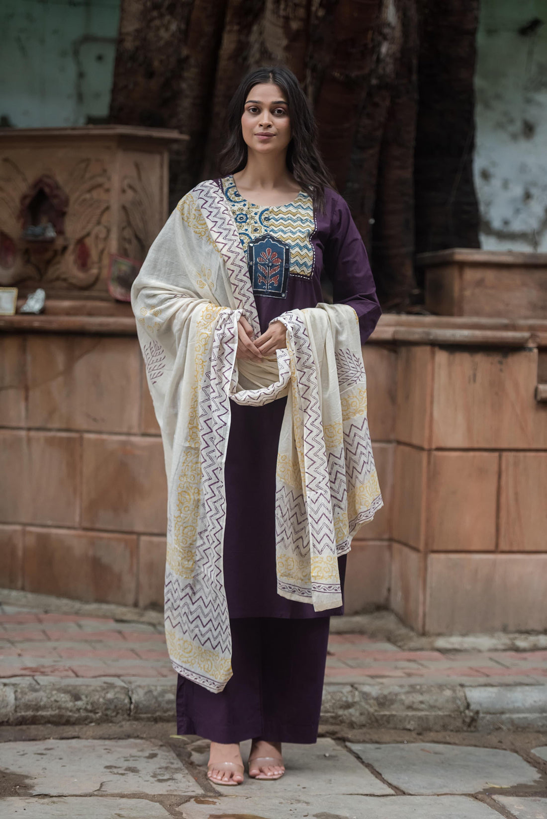 Pure Cotton Ajrak Print Appliqué Work Dupatta Set CS037