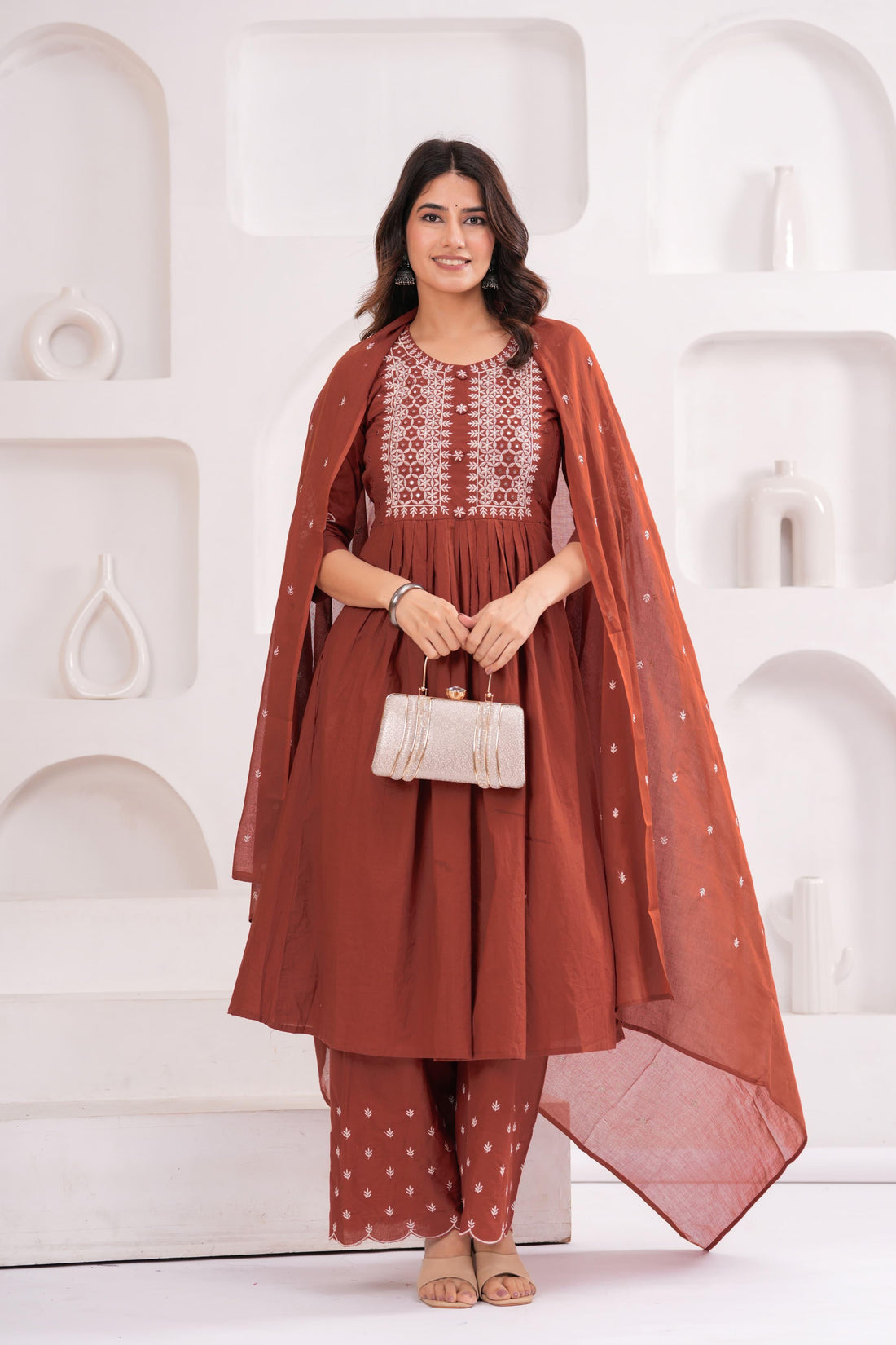 Pure Cotton A-line Dupatta Set With Embroidery Palazzo Pant CS0103