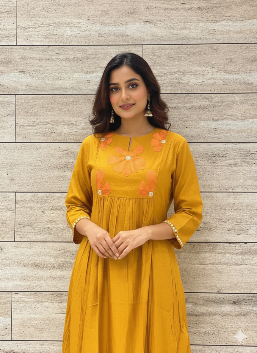 Roman Muslin A Line Pant Set With Patch Work  PS006