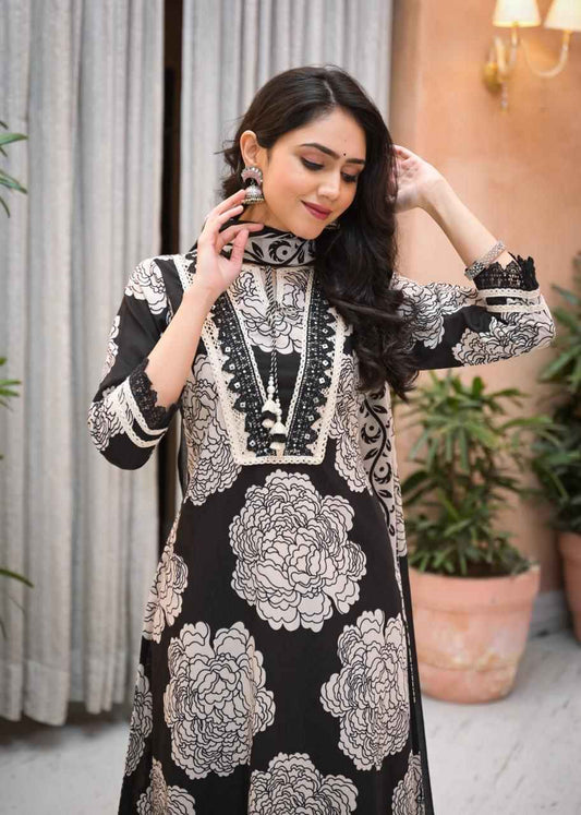 Premium Cotton Floral Print A-Line Dupatta Set With Embroidery CS0206