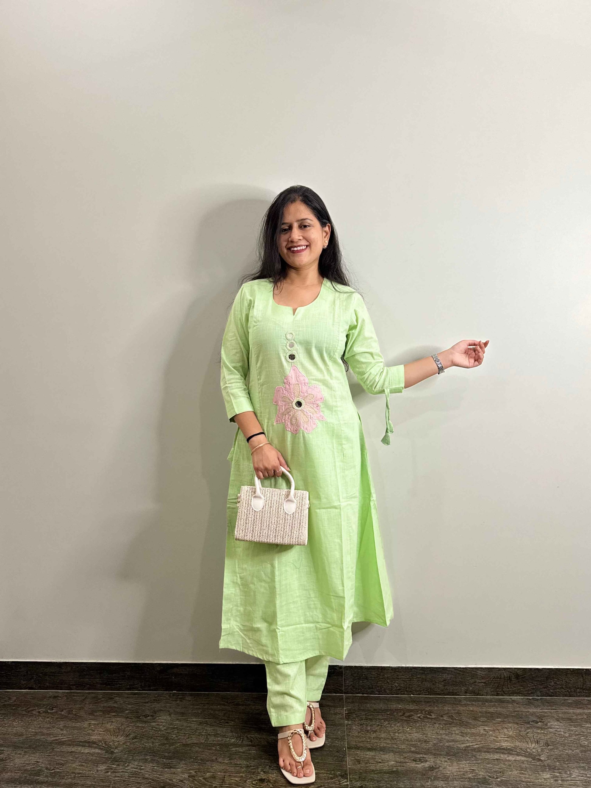 Slub Cotton With applique Work Pant Set