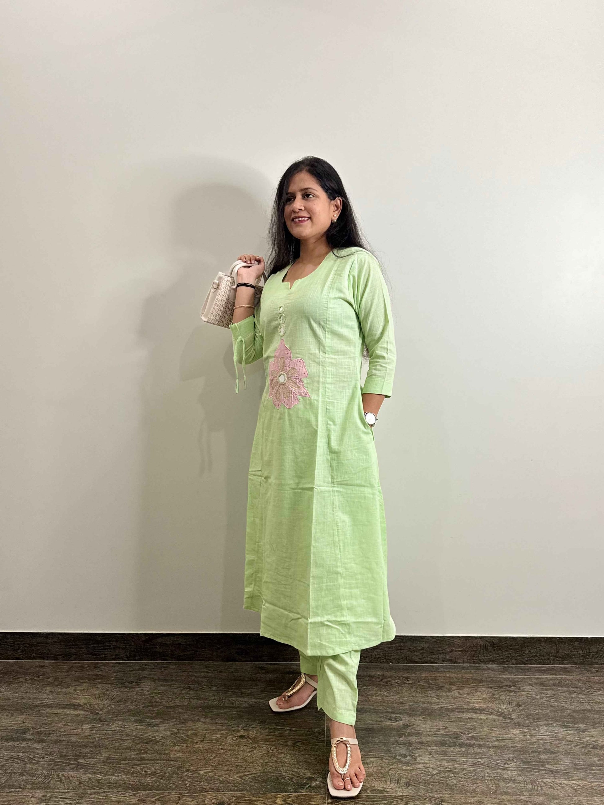 Slub Cotton With applique Work Pant Set