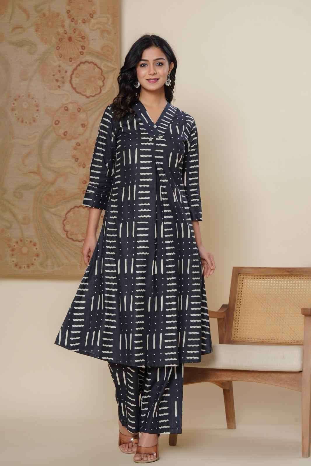 A Line Two Piece Kurta Pant Sets with Geometric Print - PS015