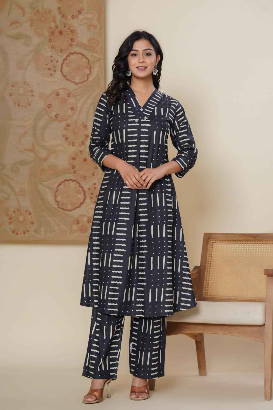 A Line Two Piece Kurta Pant Sets with Geometric Print - PS015