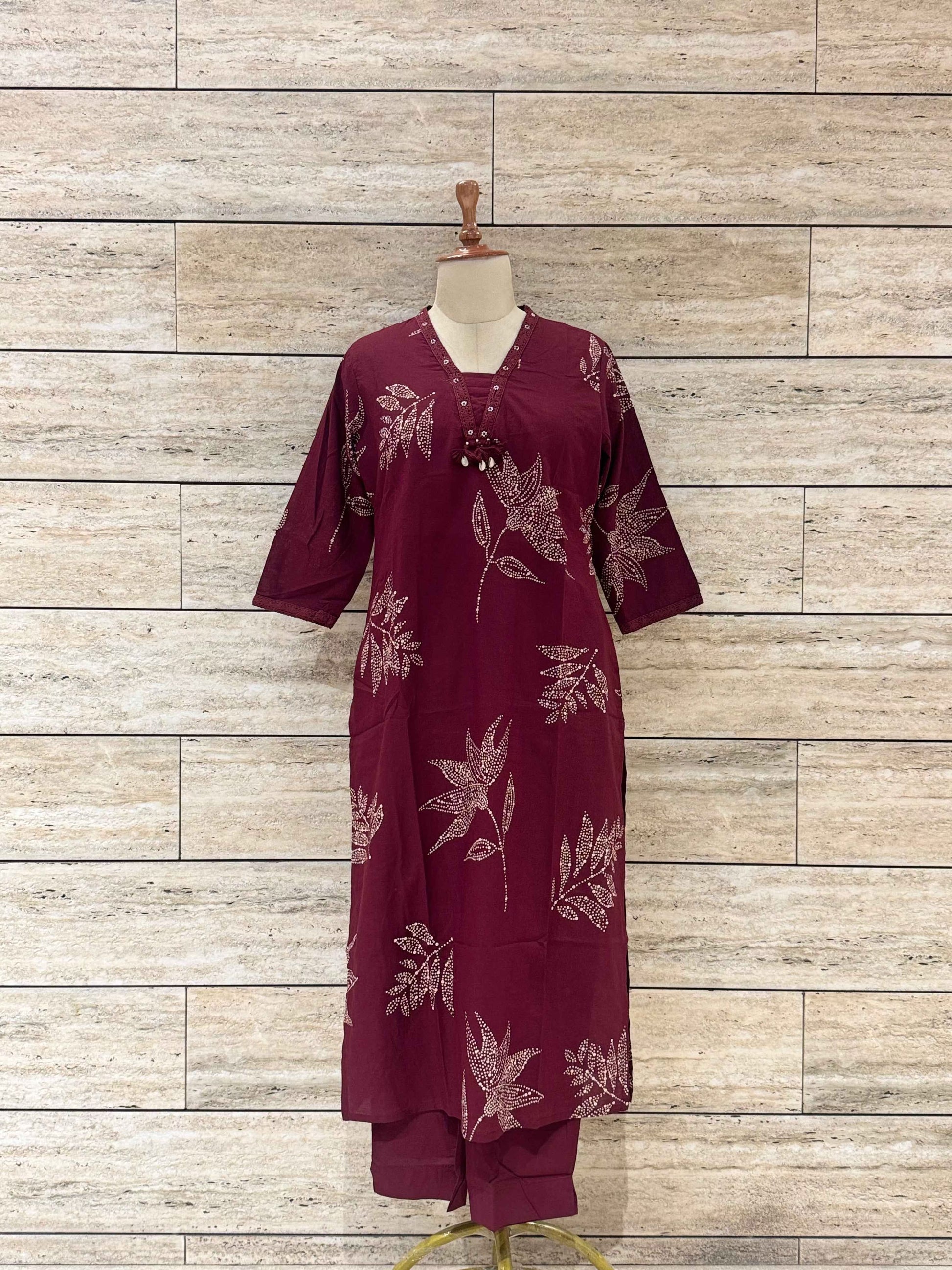 Hnad Block Pure Cotton Wine Shade Dupatta Set