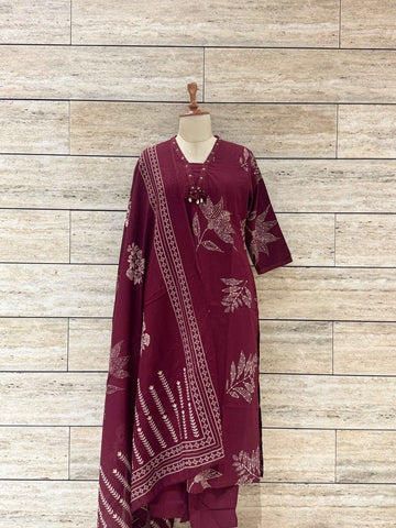 Hnad Block Pure Cotton Wine Shade Dupatta Set