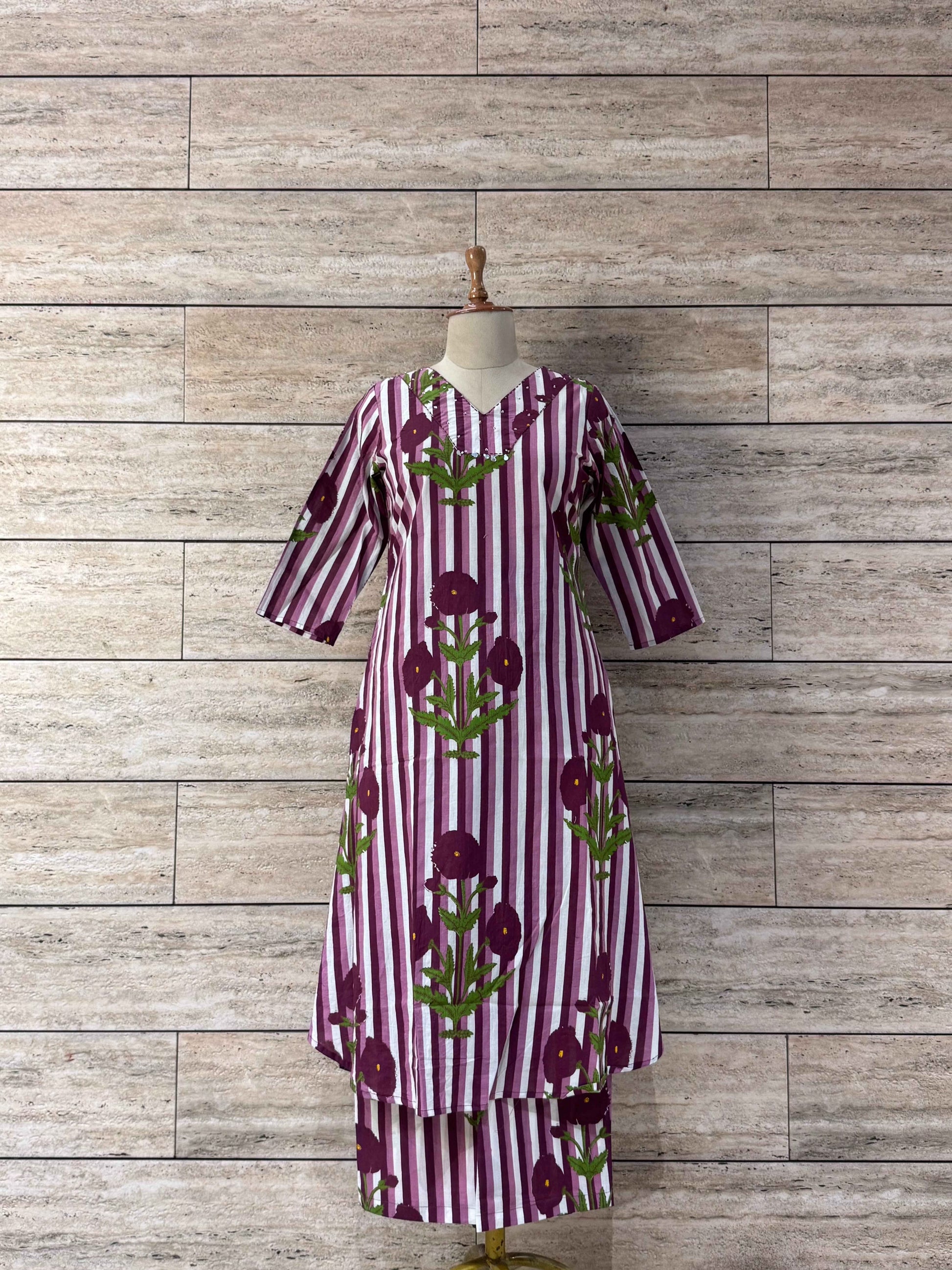 Stripes Print Pure Cotton Two Piece Pant Set - PS021