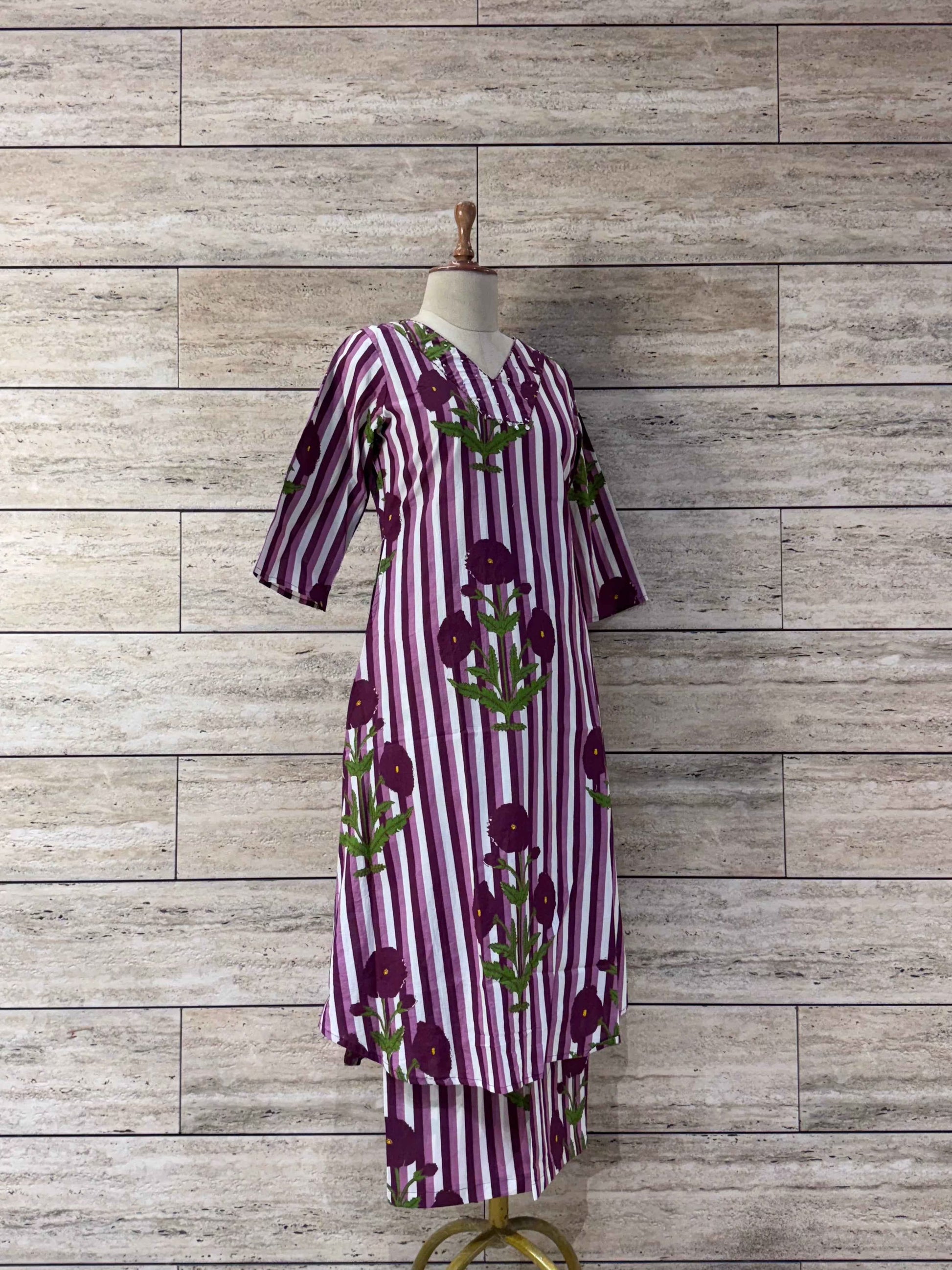 Stripes Print Pure Cotton Two Piece Pant Set - PS021