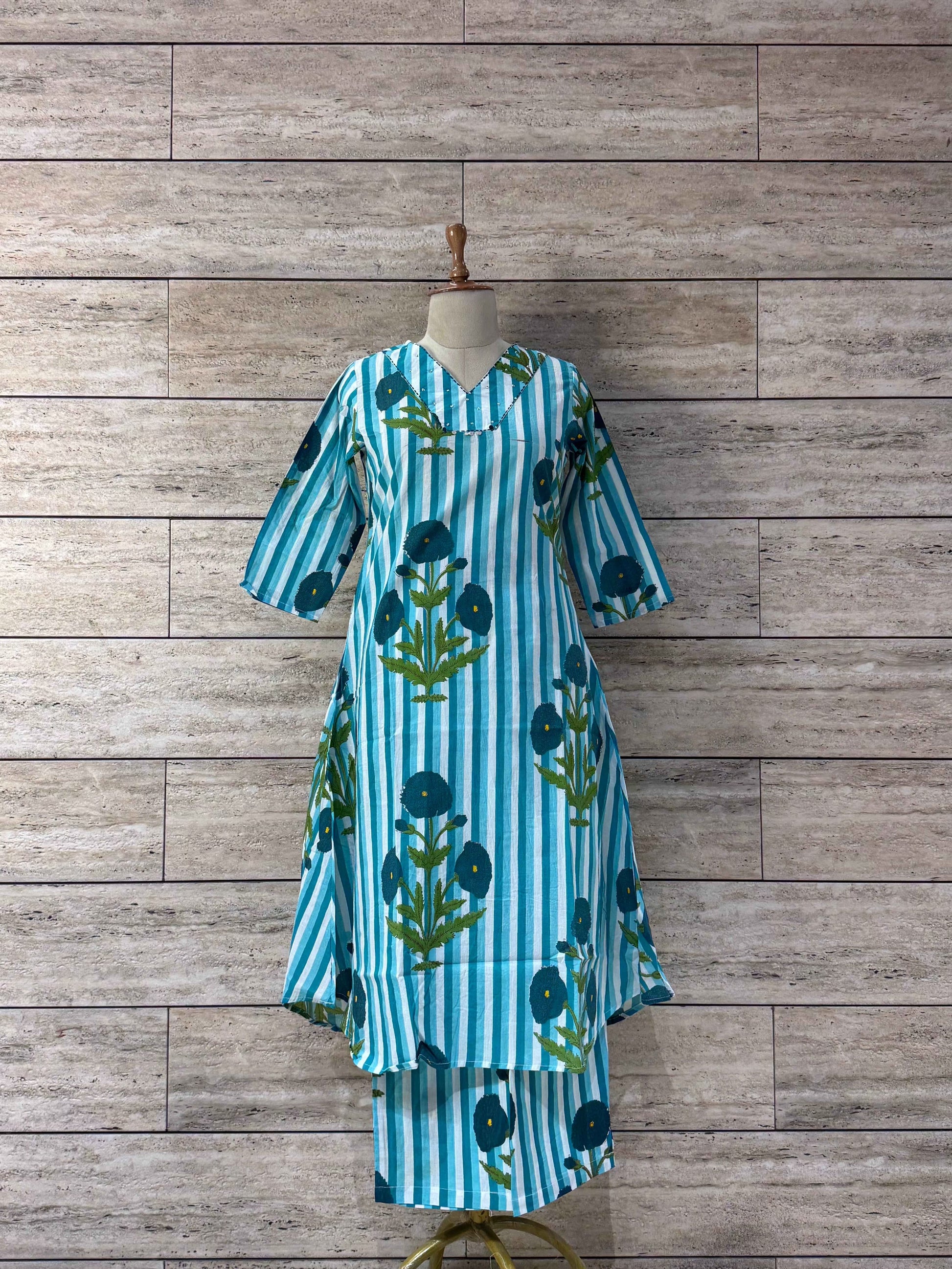 Stripes Print Pure Cotton Two Piece Pant Set - PS021
