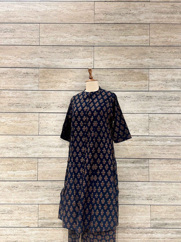 Floral Print Deep Blue Two Piece Pant Set RS032