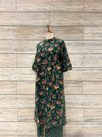 Floral Print Deep Green Two Piece Pant Set RS031