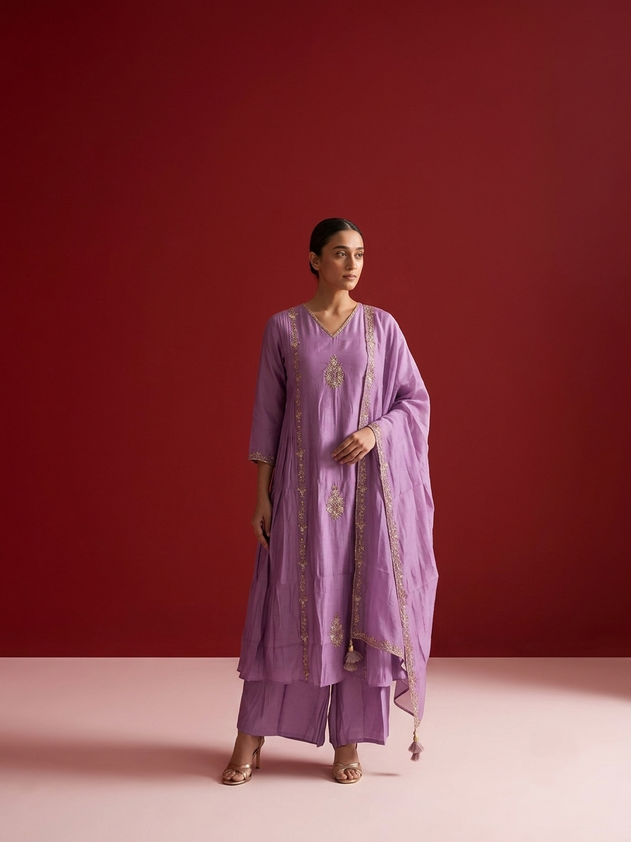 Festival Wear Chanderi Silk Floral Embroidered A Line Dupatta Set