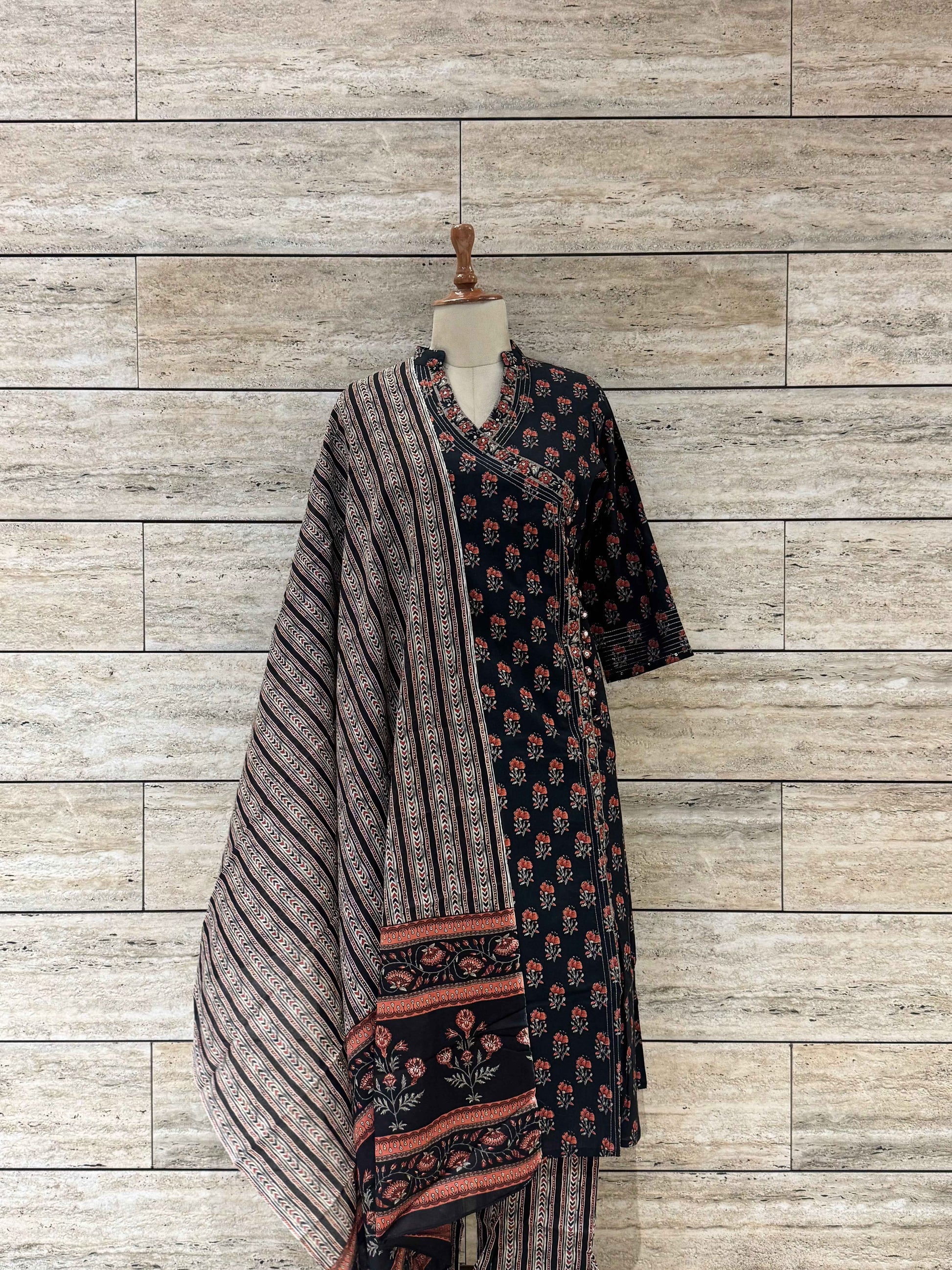 Three Piece Pure Cotton Angrakha Style Dupatta Set ANG028