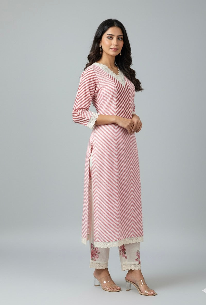 Zic Zac Print Pure Cotton Lace Work Dupatta Set CS035