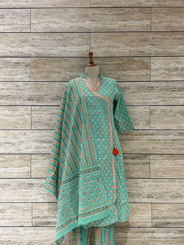 Three Piece Pure Cotton Angrakha Style Dupatta Set LC093