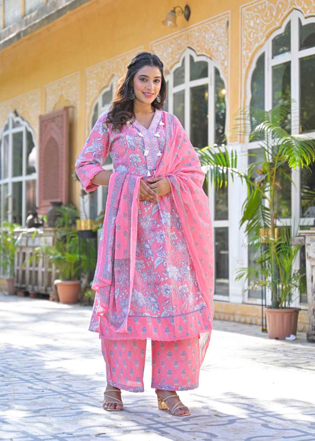 Pure Cotton A Line Floral Print Dupatta Set With Plazzo