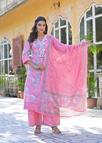 Pure Cotton A Line Floral Print Dupatta Set With Plazzo