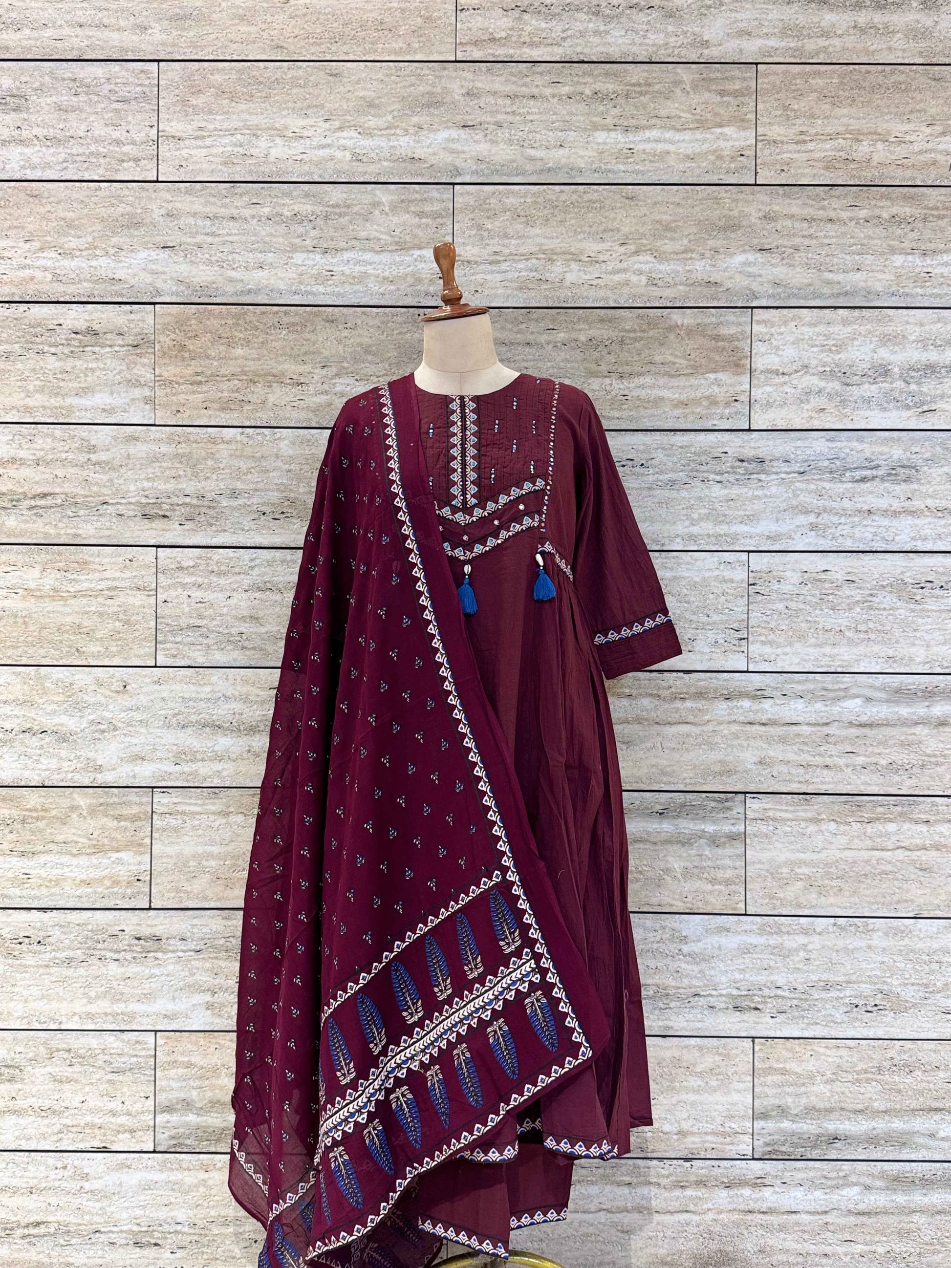Pure Cotton Solid Base Ajrakha Print Dupatta Set