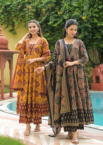 Ajrakh Print Pure Cotton Flaired Anarkali Suit.