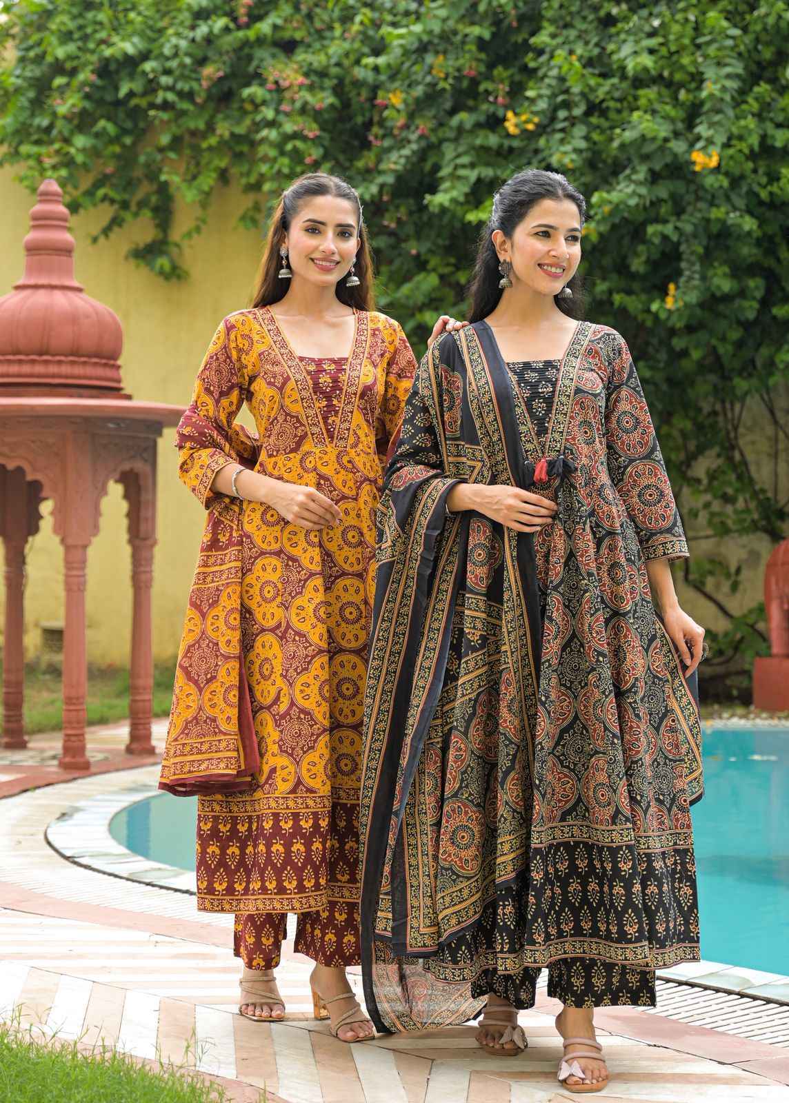 Ajrakh Print Pure Cotton Flaired Anarkali Suit.