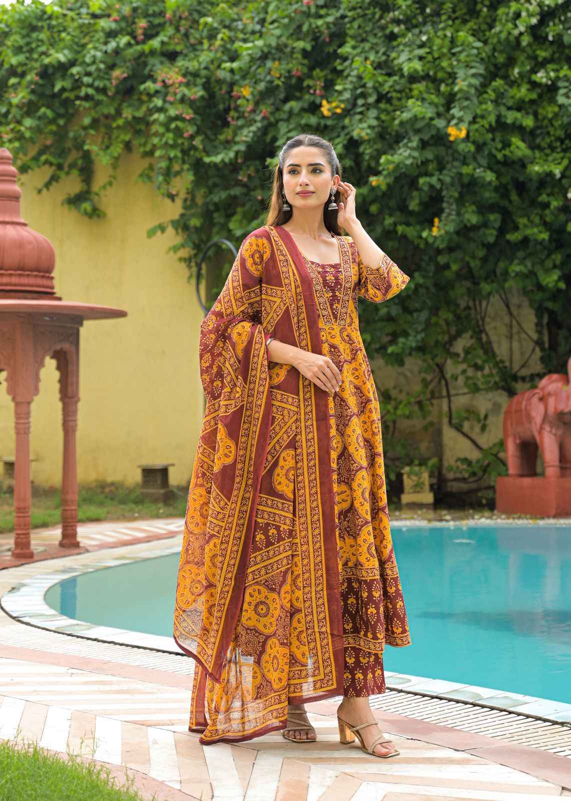 Ajrakh Print Pure Cotton Flaired Anarkali Suit.