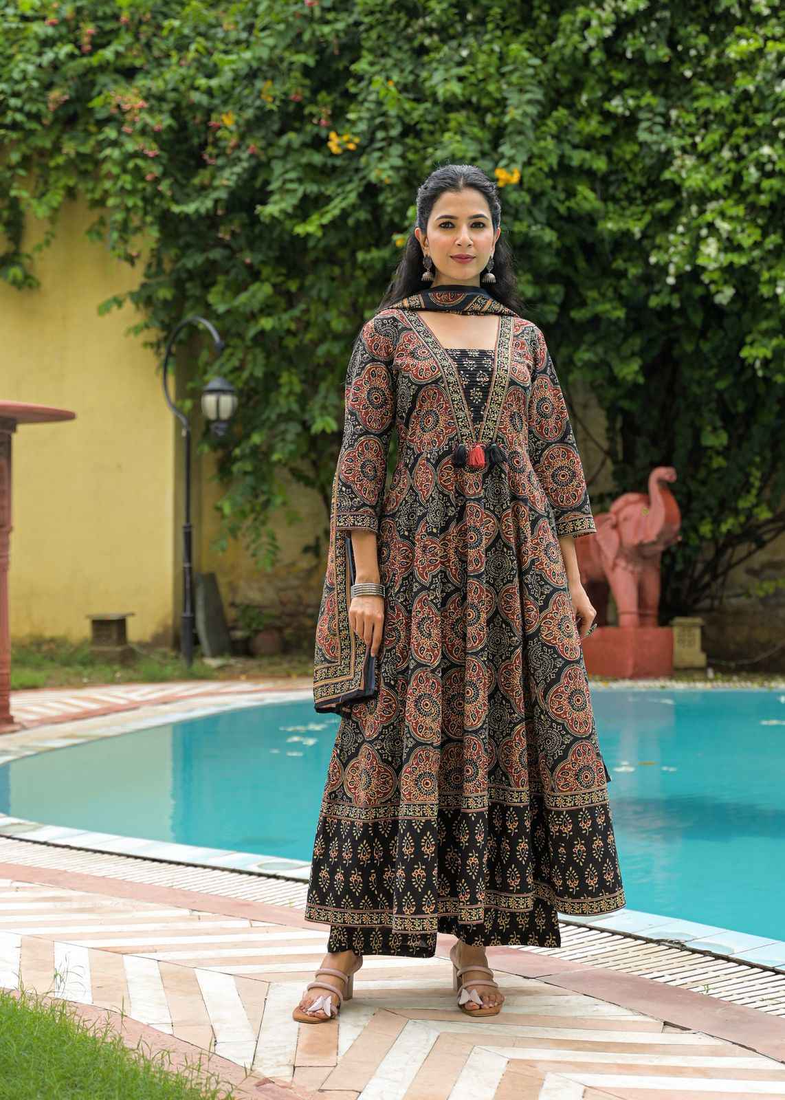 Ajrakh Print Pure Cotton Flaired Anarkali Suit.