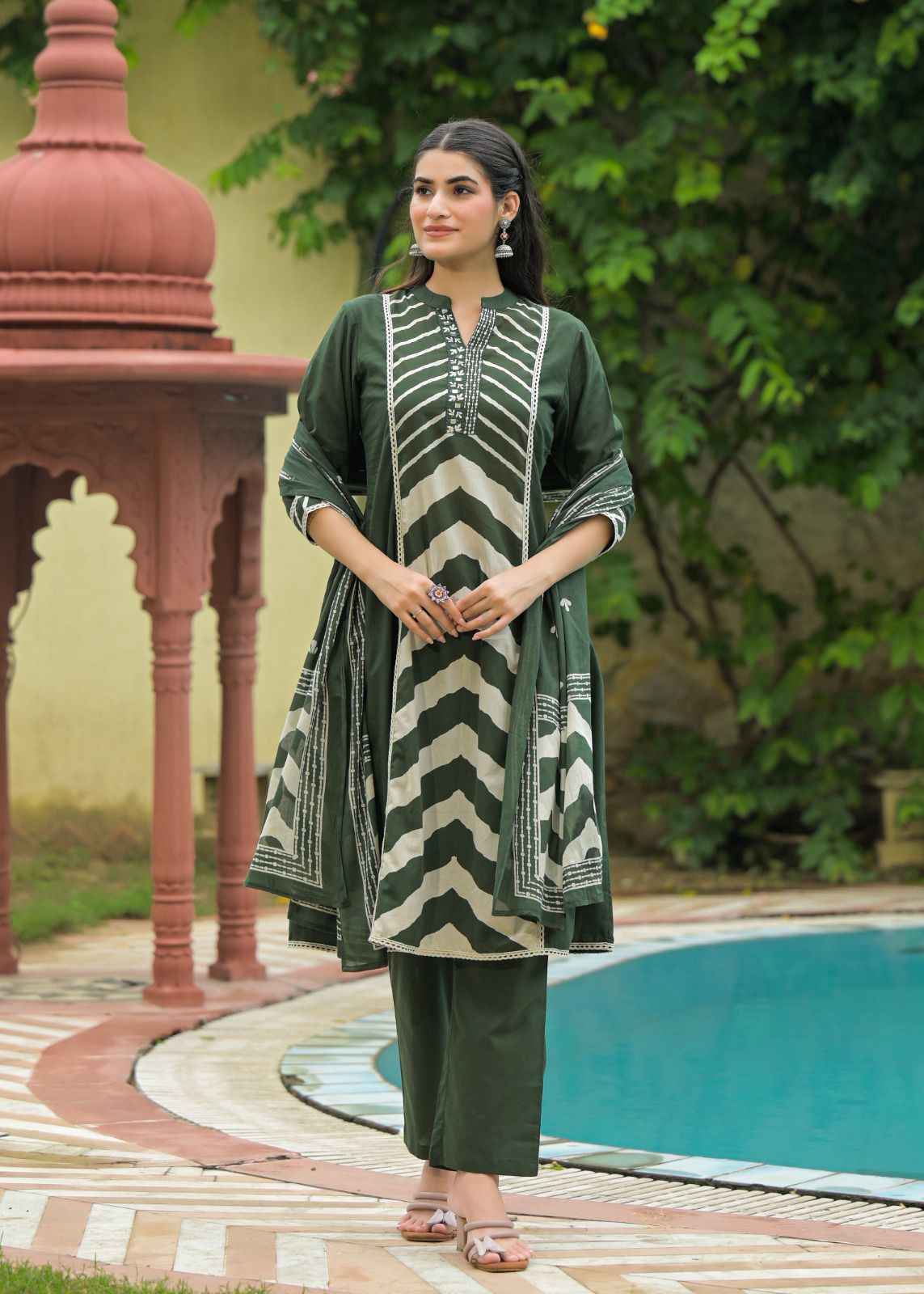Pure Cotton A Line Mandarin Collar Dupatta Set