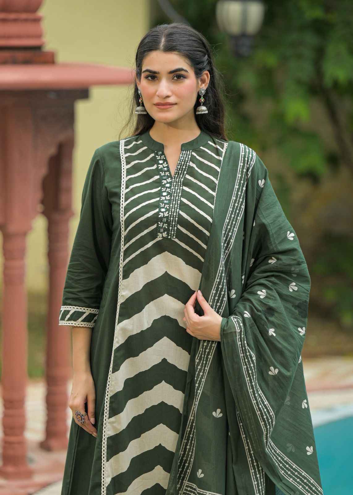 Pure Cotton A Line Mandarin Collar Dupatta Set