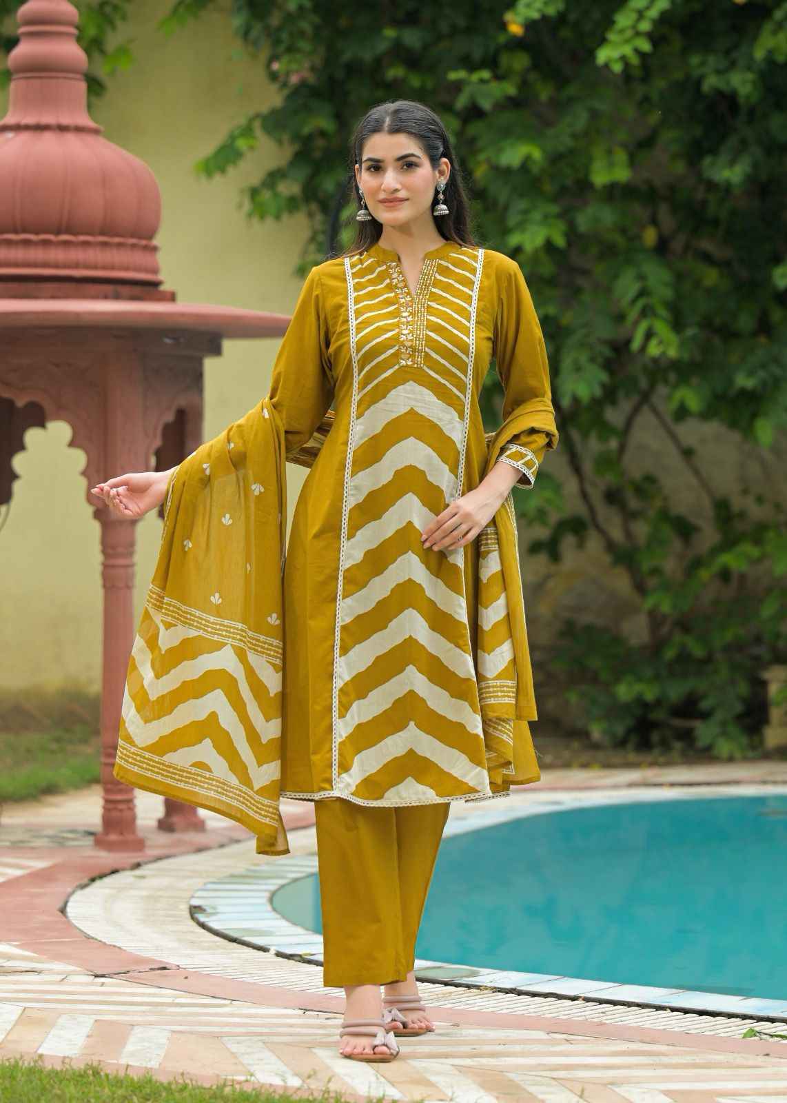 Pure Cotton A Line Mandarin Collar Dupatta Set
