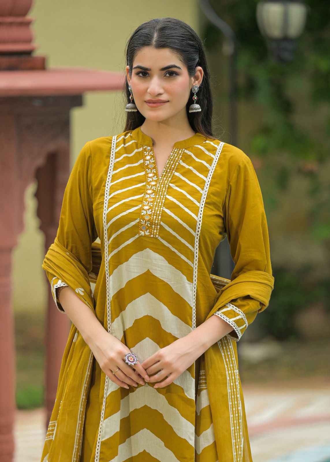 Pure Cotton A Line Mandarin Collar Dupatta Set