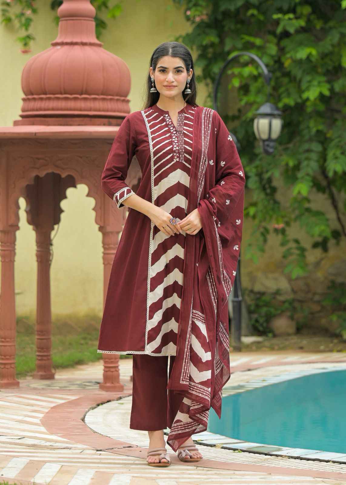 Pure Cotton A Line Mandarin Collar Dupatta Set