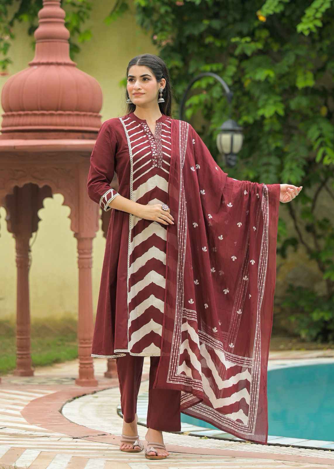 Pure Cotton A Line Mandarin Collar Dupatta Set