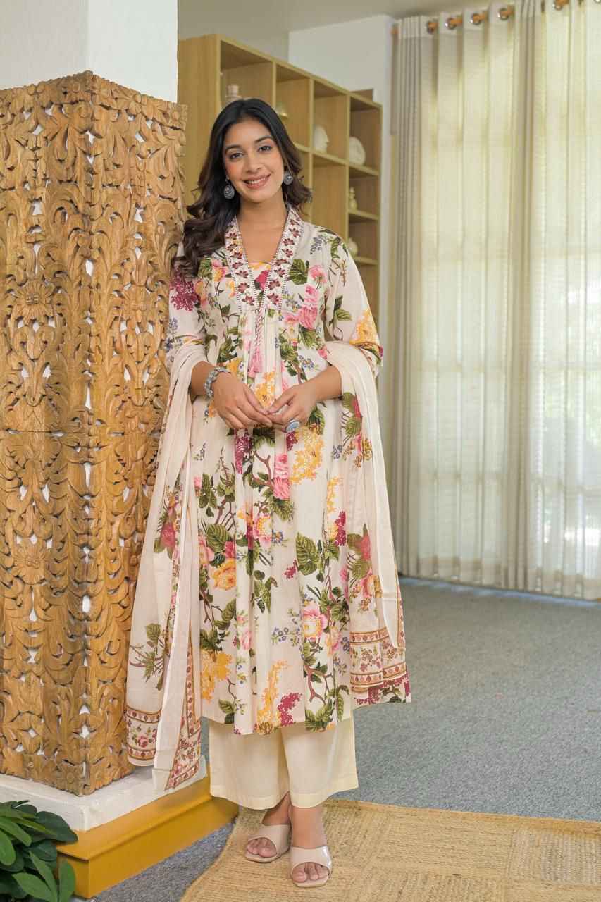 Pure Cotton Floral Print Three Piece Anarkali Dupatta Set
