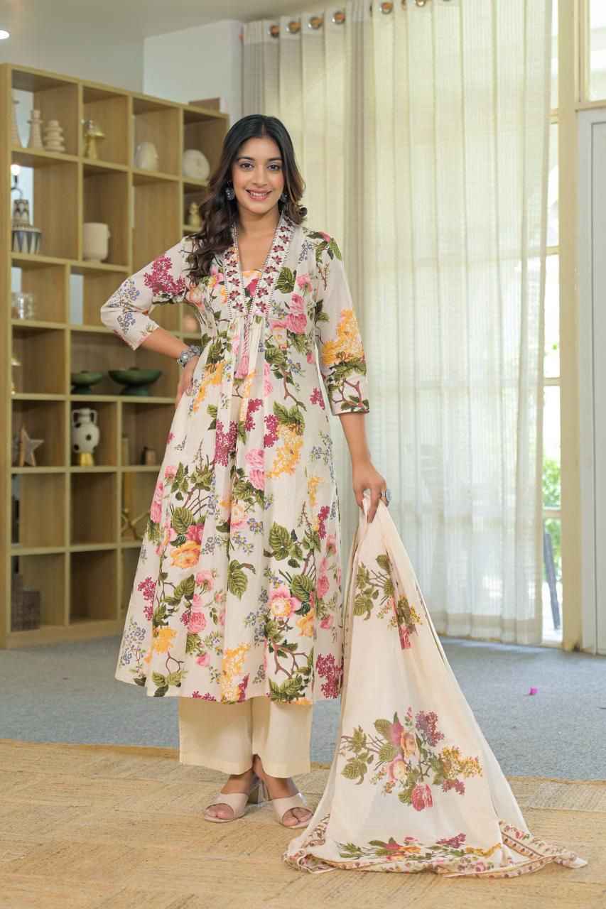 Pure Cotton Floral Print Three Piece Anarkali Dupatta Set