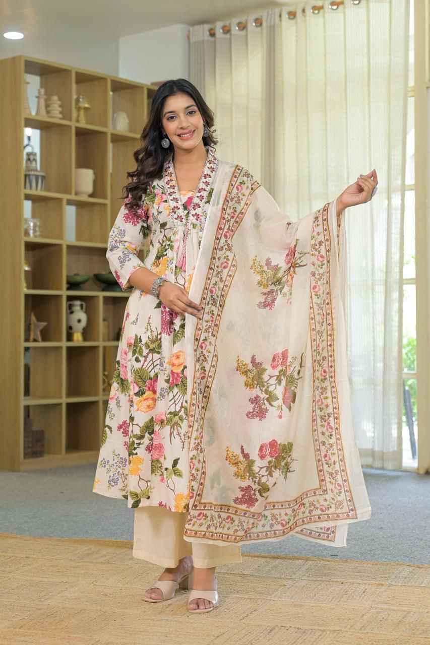 Pure Cotton Floral Print Three Piece Anarkali Dupatta Set