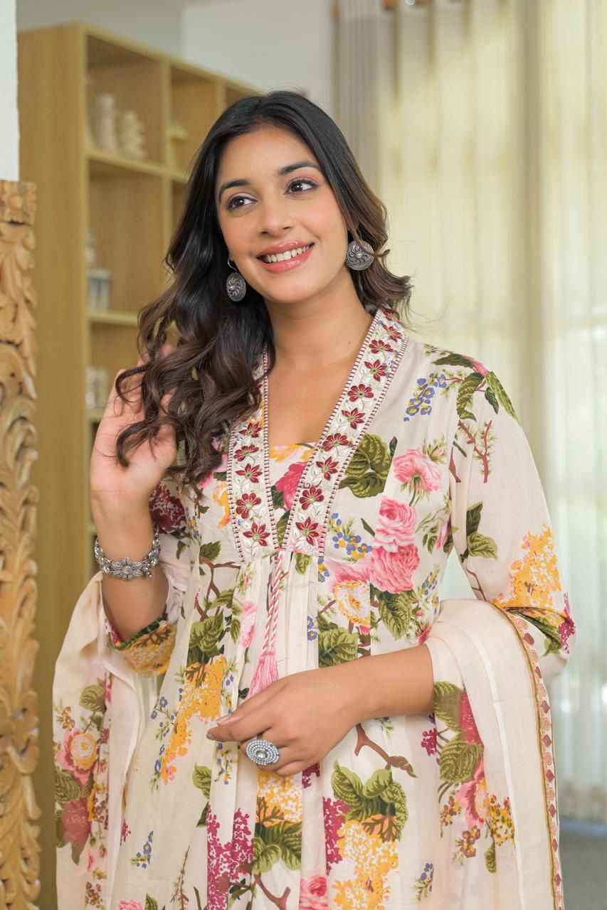 Pure Cotton Floral Print Three Piece Anarkali Dupatta Set