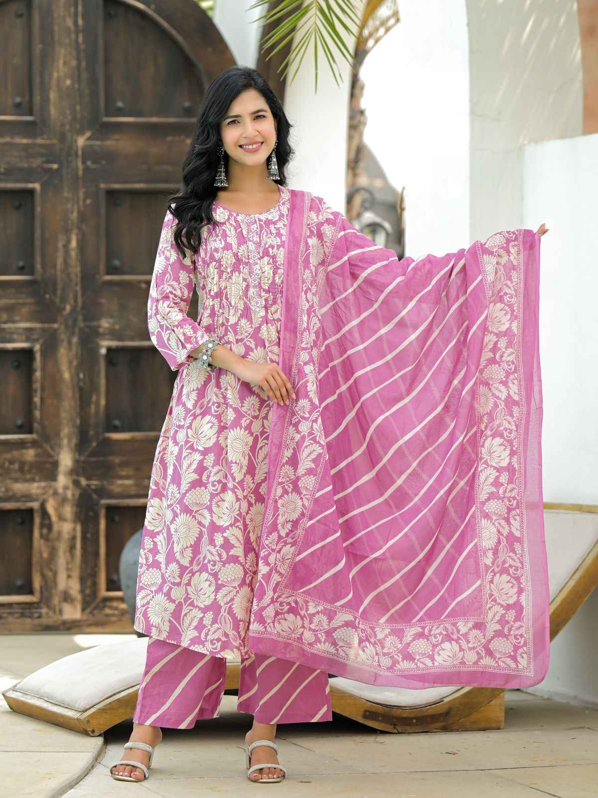 Pure Cotton A Line Floral Print Dupatta Set