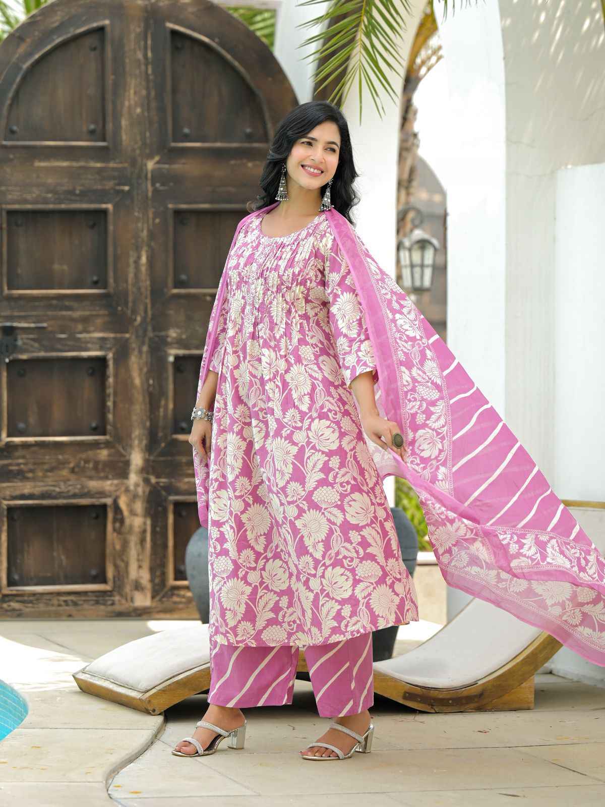 Pure Cotton A Line Floral Print Dupatta Set