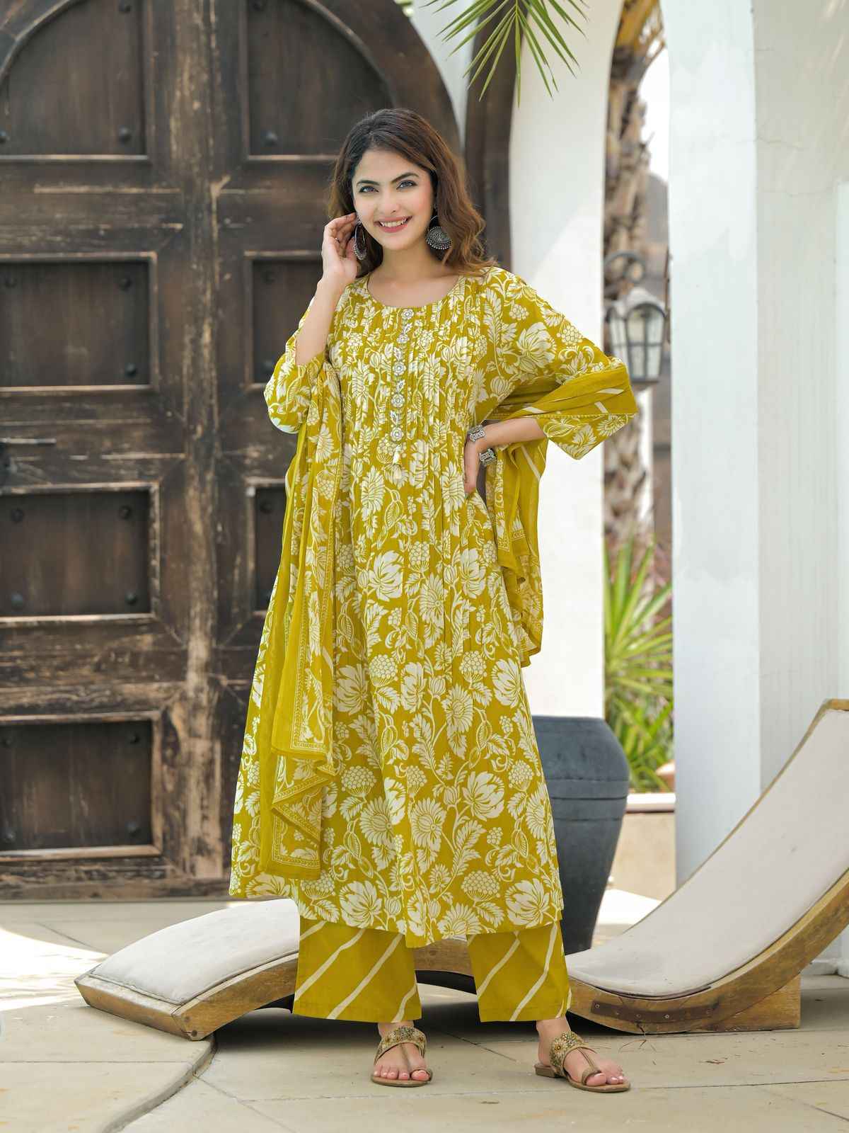 Pure Cotton A Line Floral Print Dupatta Set